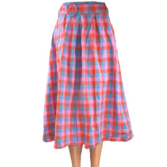 Barbie x Modcloth So Plaid It's Good Pink Pleated Belted A Line Midi Skirt Sz 26 - Picture 1 of 9